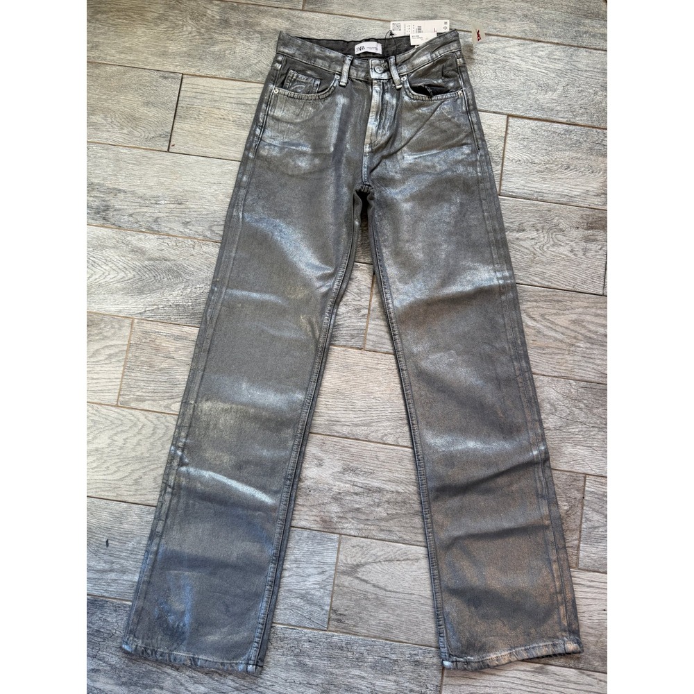 Zara Metallic Silver Wide Leg Jeans size 0 Mid Rise NWT Pants Womens Full Length